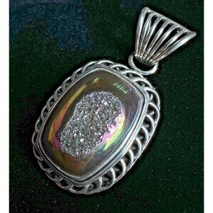 Vintage Huge 2" Rainbow Druzy Quartz Geode Sterling Silver Pendant 15.7g